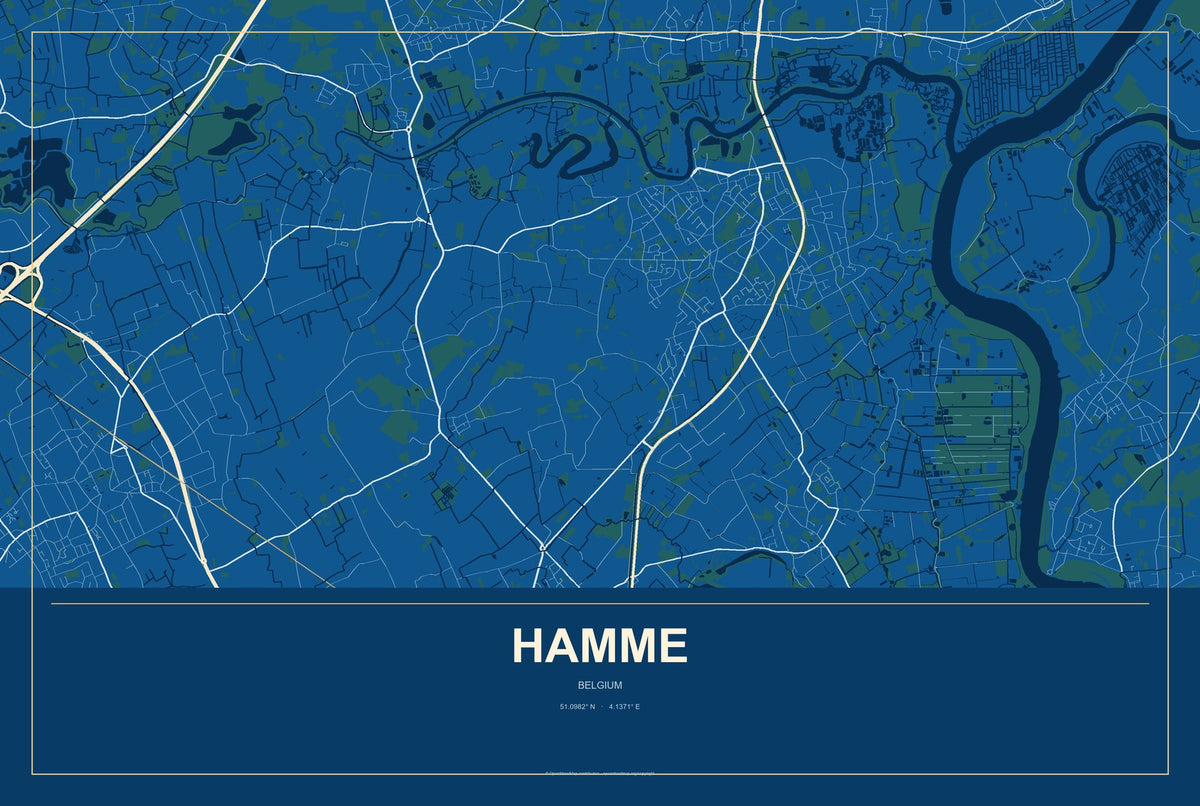 Hamme, Belgium City Map Aluminum Sign in Harbor Cobalt style