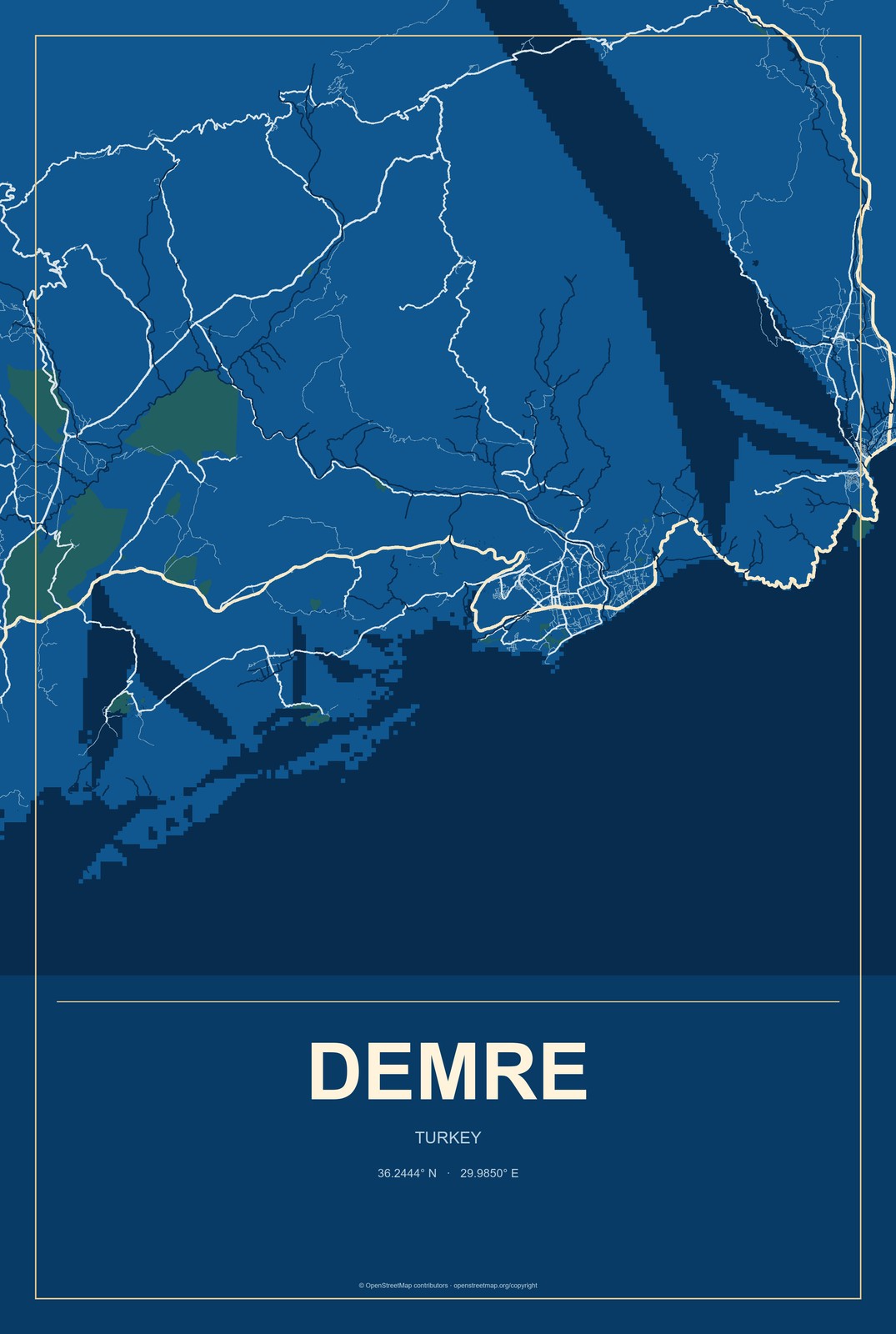Demre, Turkey City Map Aluminum Sign in Harbor Cobalt style