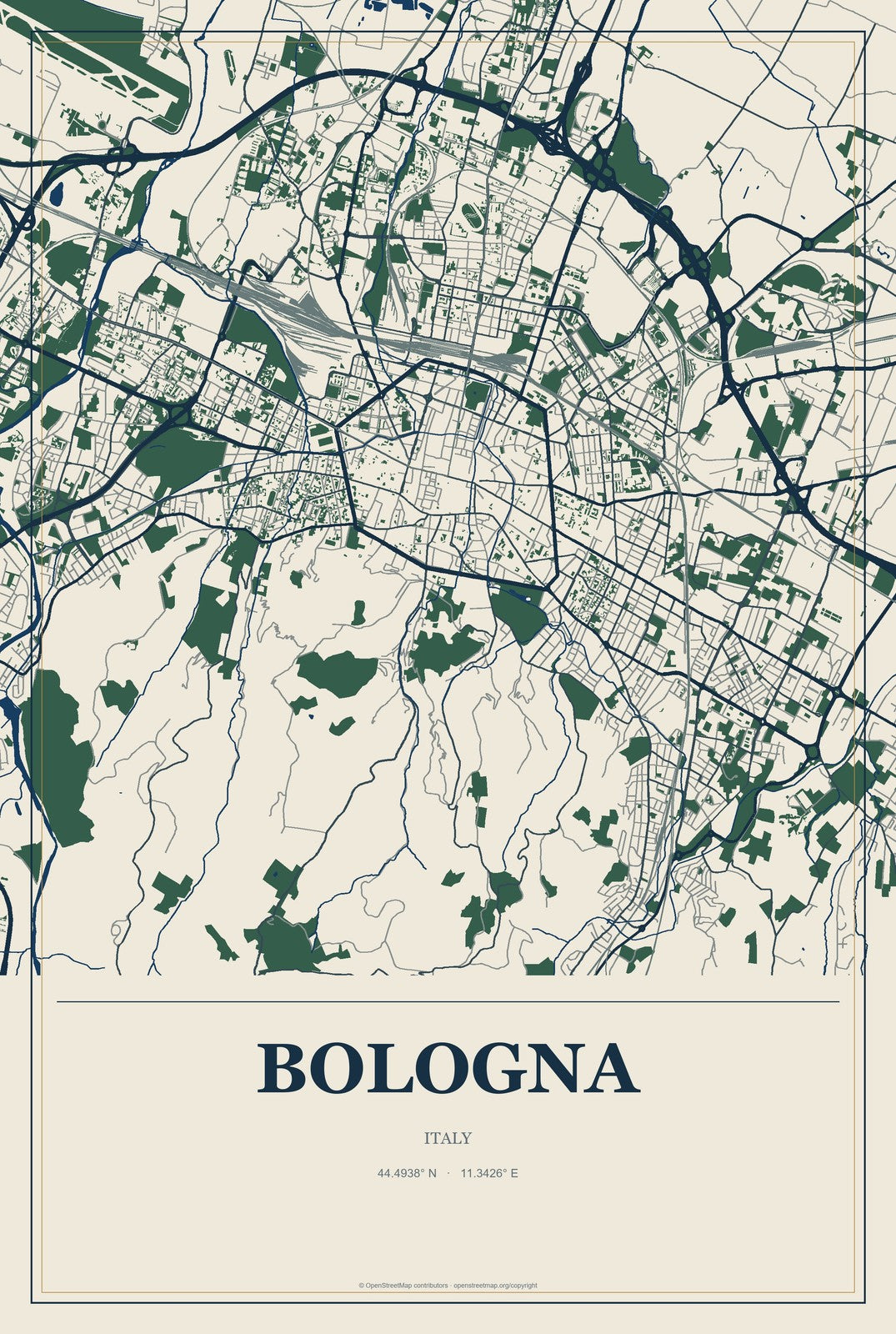 Bologna, Italy City Map Aluminum Sign in Coastal Cutout style