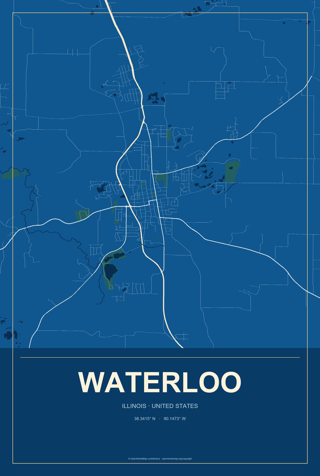 Waterloo, Illinois City Map Aluminum Sign in Harbor Cobalt style