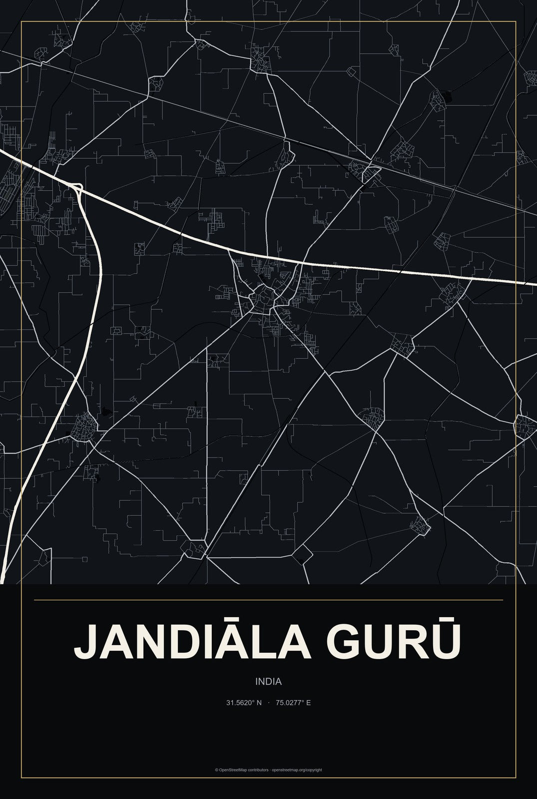 Jandiāla Gurū, India City Map Aluminum Sign in Metropolitan Noir style