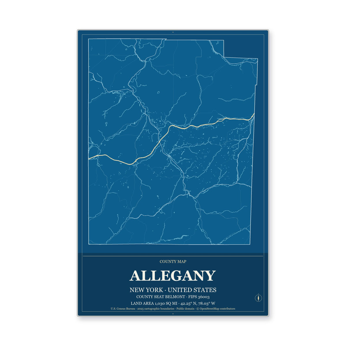 Allegany County, New York Map Aluminum Sign in Harbor Cobalt style