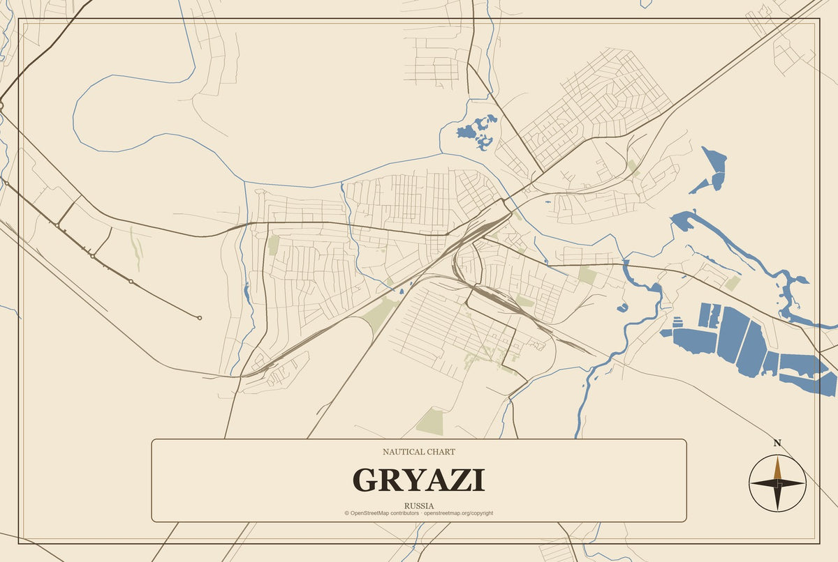 Gryazi, Russia City Map Aluminum Sign in Heritage Nautical style