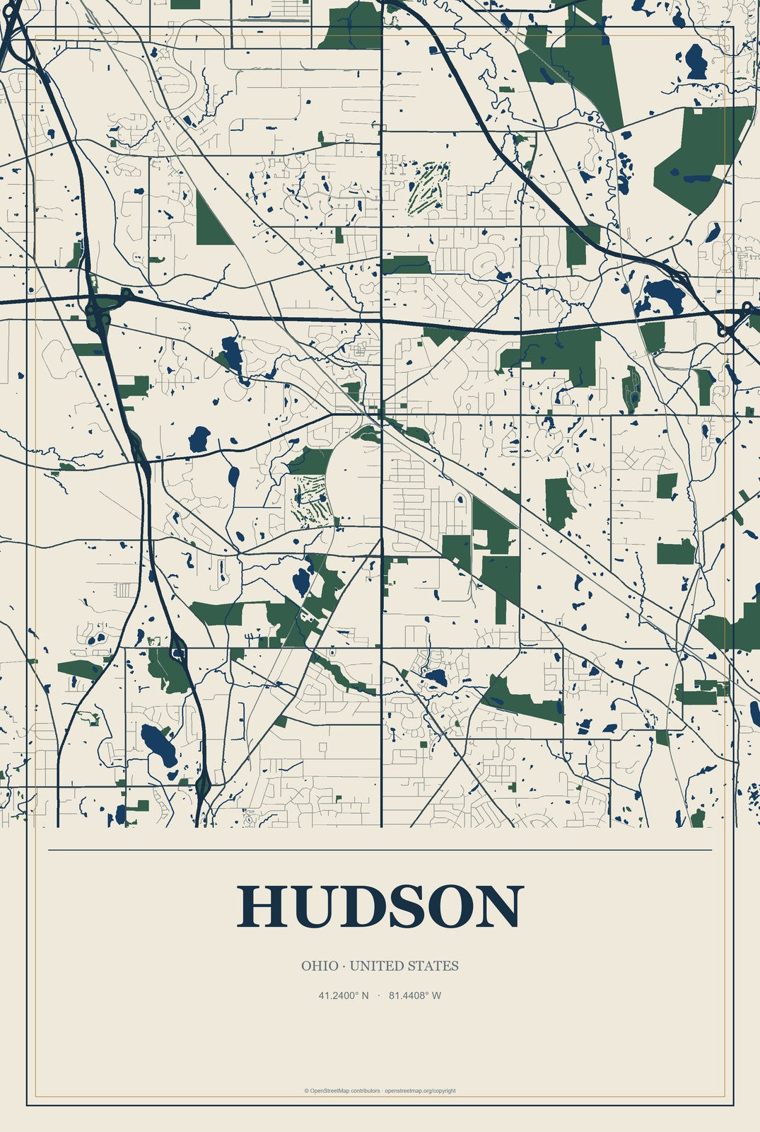 Hudson, Ohio City Map Aluminum Sign in Coastal Cutout style