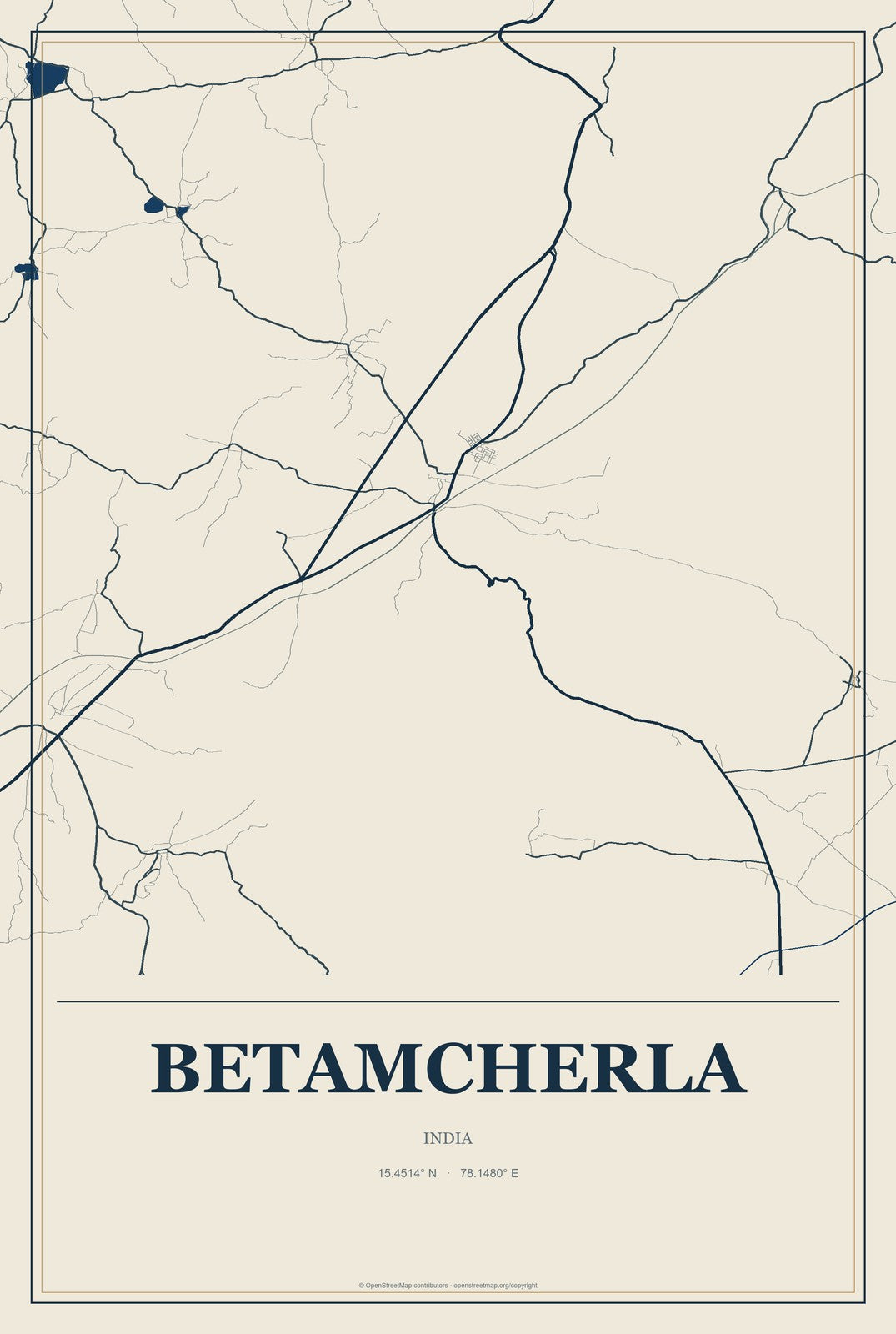 Betamcherla, India City Map Aluminum Sign in Coastal Cutout style