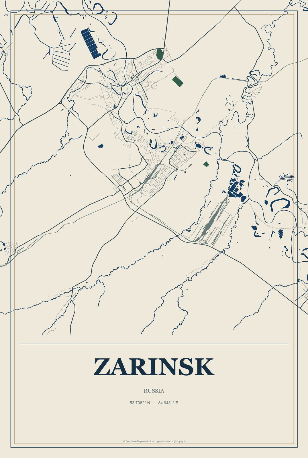Zarinsk, Russia City Map Aluminum Sign in Coastal Cutout style