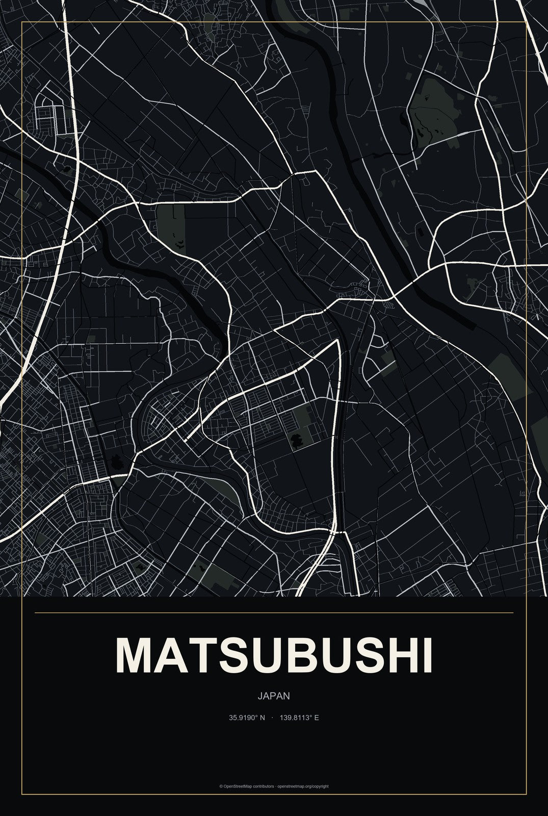 Matsubushi, Japan City Map Aluminum Sign in Metropolitan Noir style
