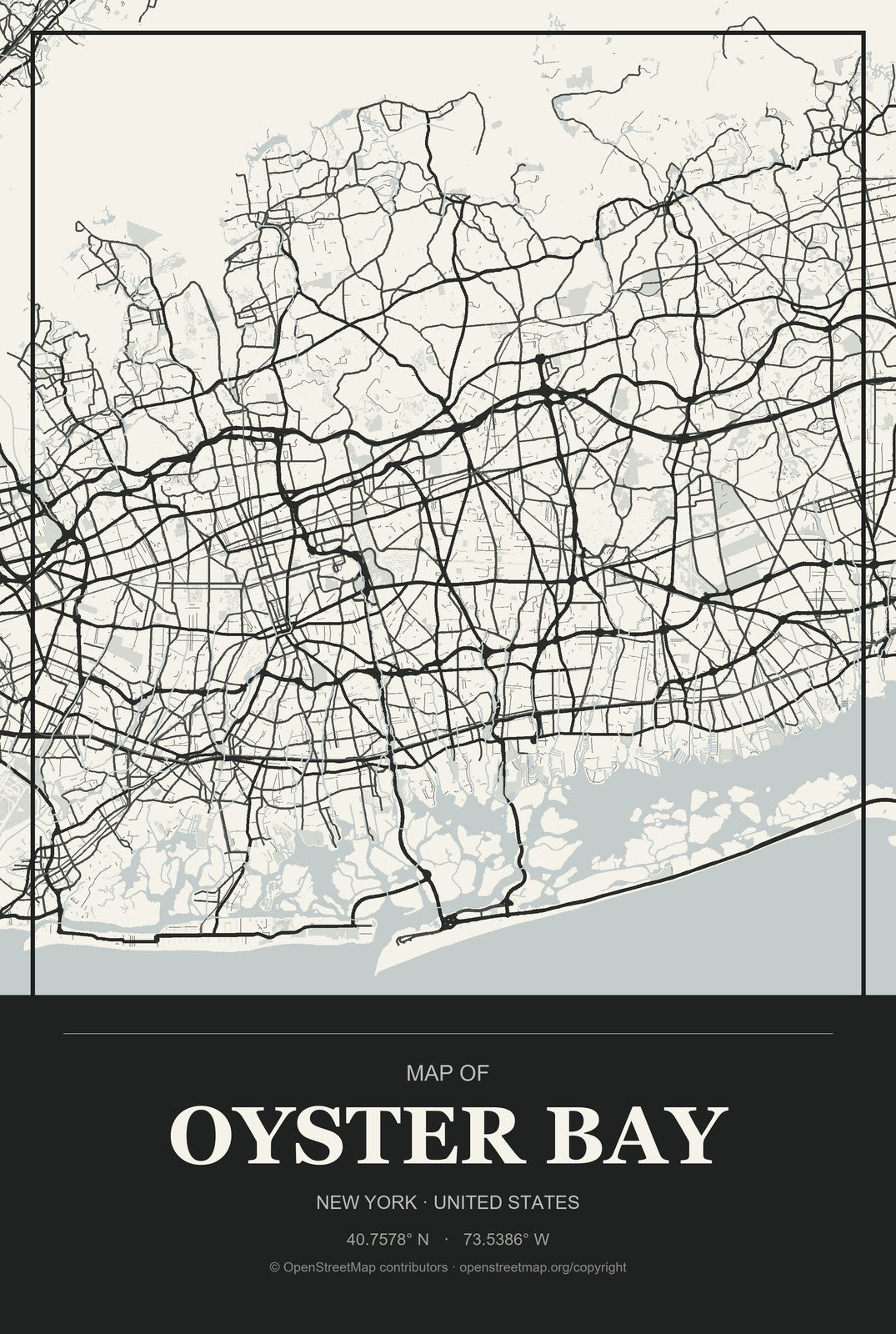 Oyster Bay, New York City Map Aluminum Sign in Museum Plaque style