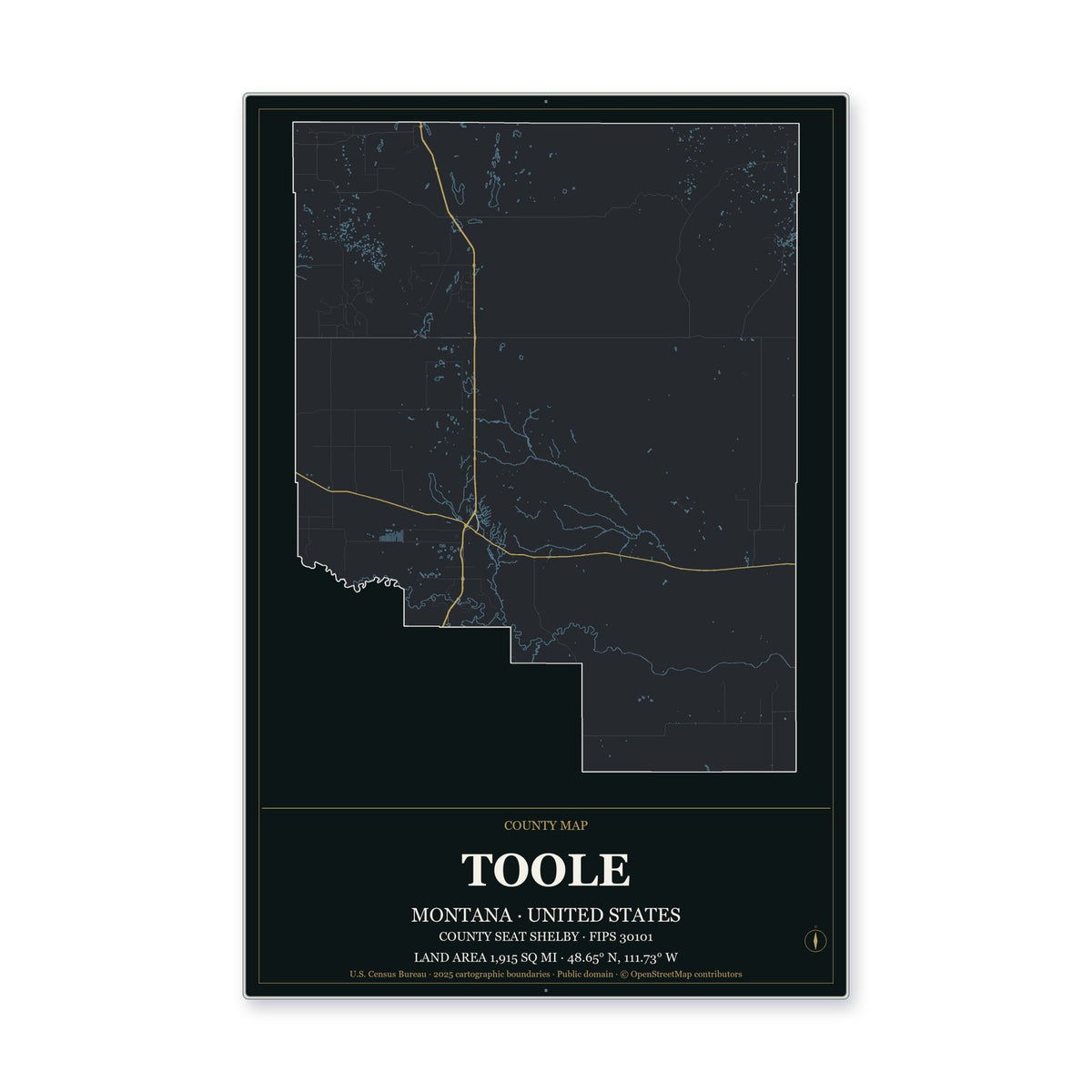 Toole County, Montana Map Aluminum Sign in Metropolitan Noir style