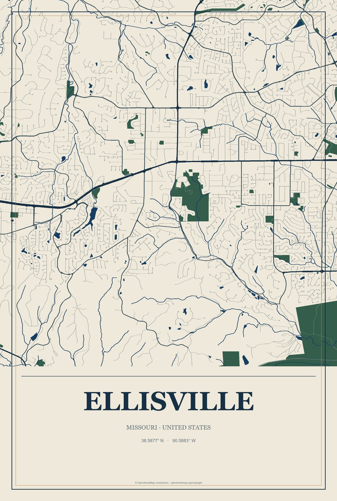 Ellisville, Missouri City Map Aluminum Sign in Coastal Cutout style
