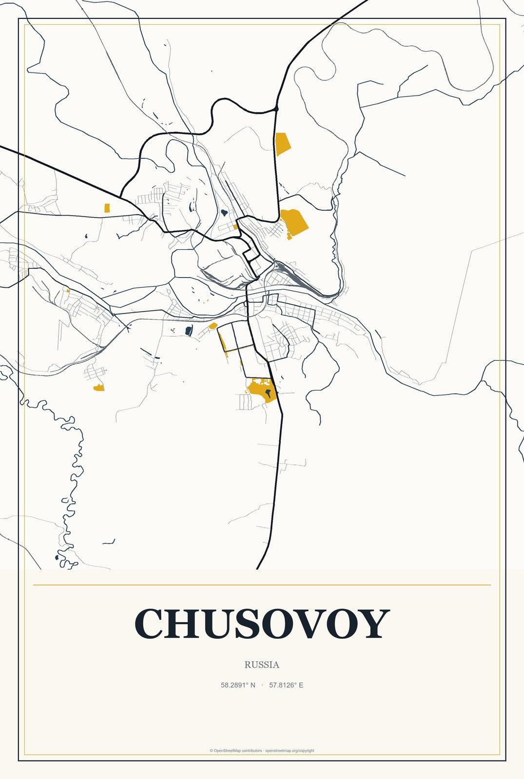Chusovoy, Russia City Map Aluminum Sign in Citrine Modern style