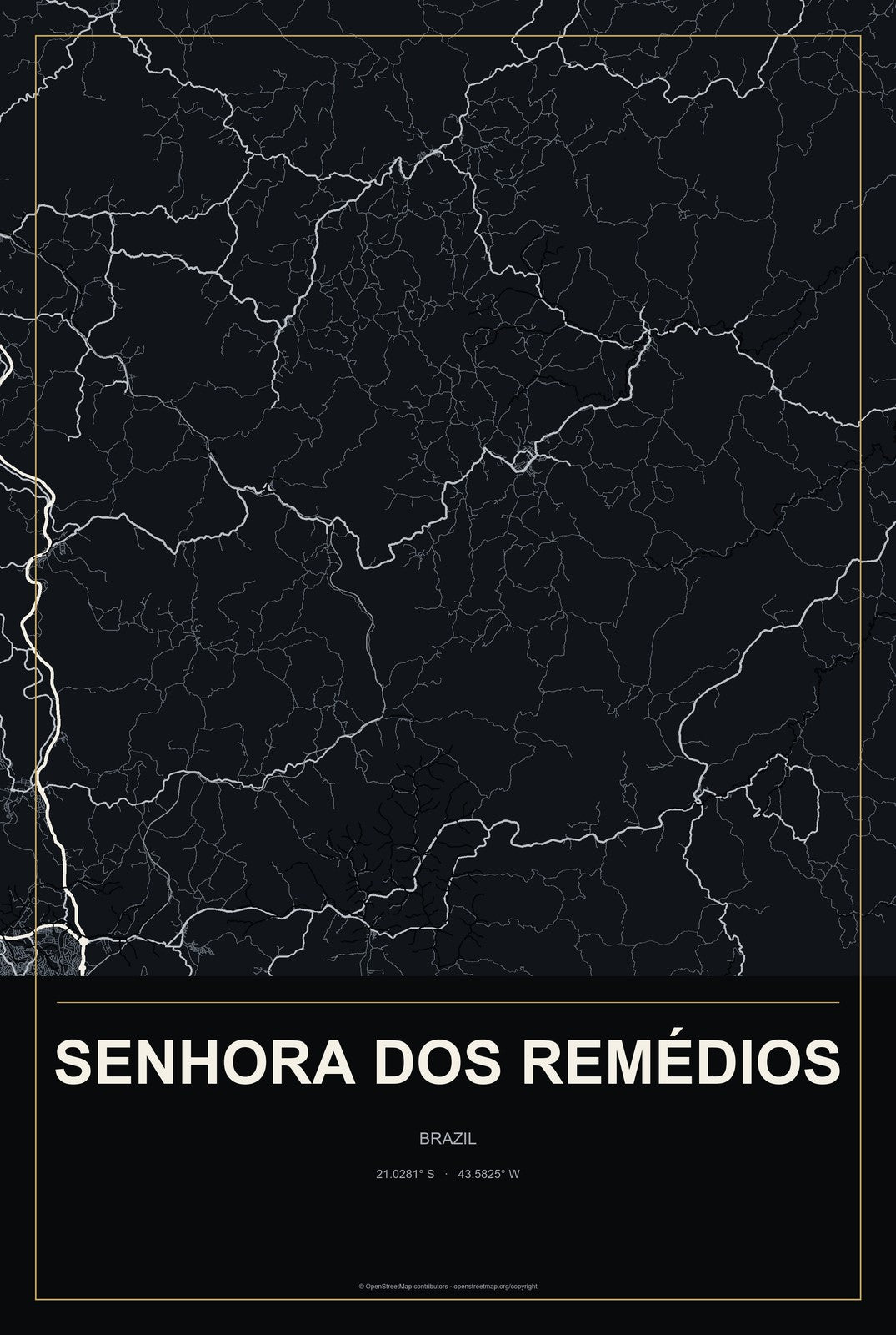 Senhora dos Remédios, Brazil City Map Aluminum Sign in Metropolitan Noir style