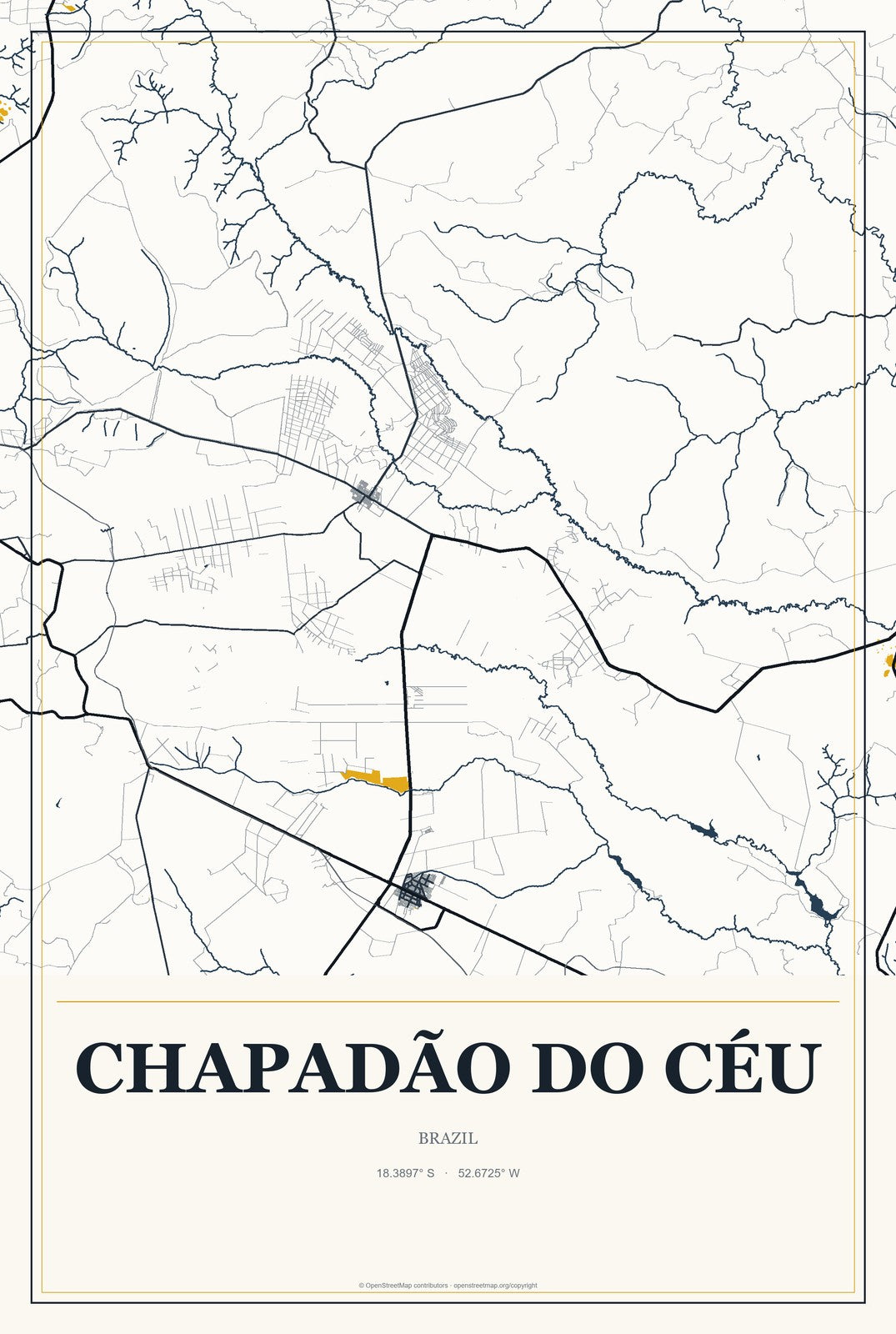 Chapadão do Céu, Brazil City Map Aluminum Sign in Citrine Modern style