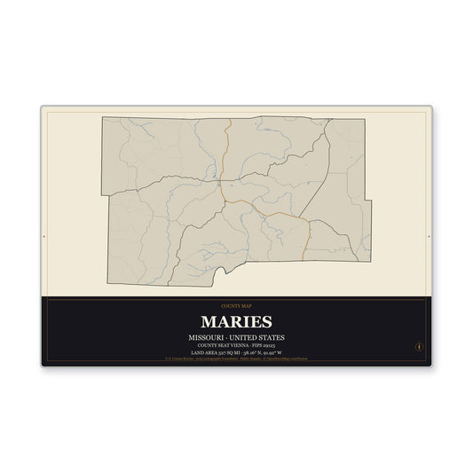 Maries County, Missouri Map Aluminum Sign in Museum Plaque style
