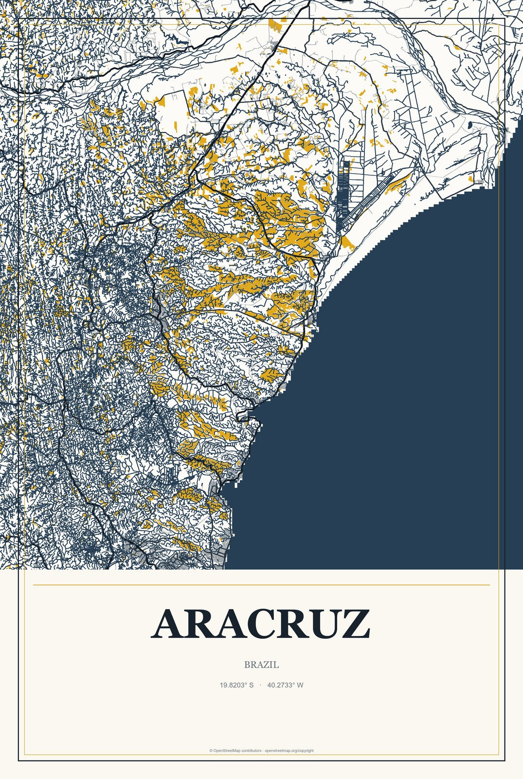 Aracruz, Brazil City Map Aluminum Sign in Citrine Modern style