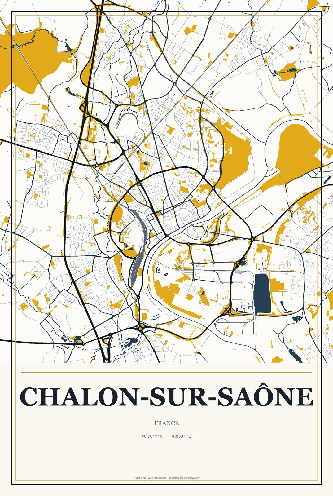 Chalon-sur-Saône, France City Map Aluminum Sign in Citrine Modern style