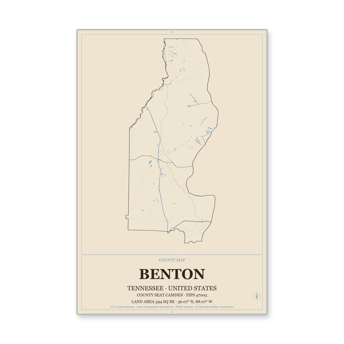 Benton County, Tennessee Map Aluminum Sign in Heritage Nautical style