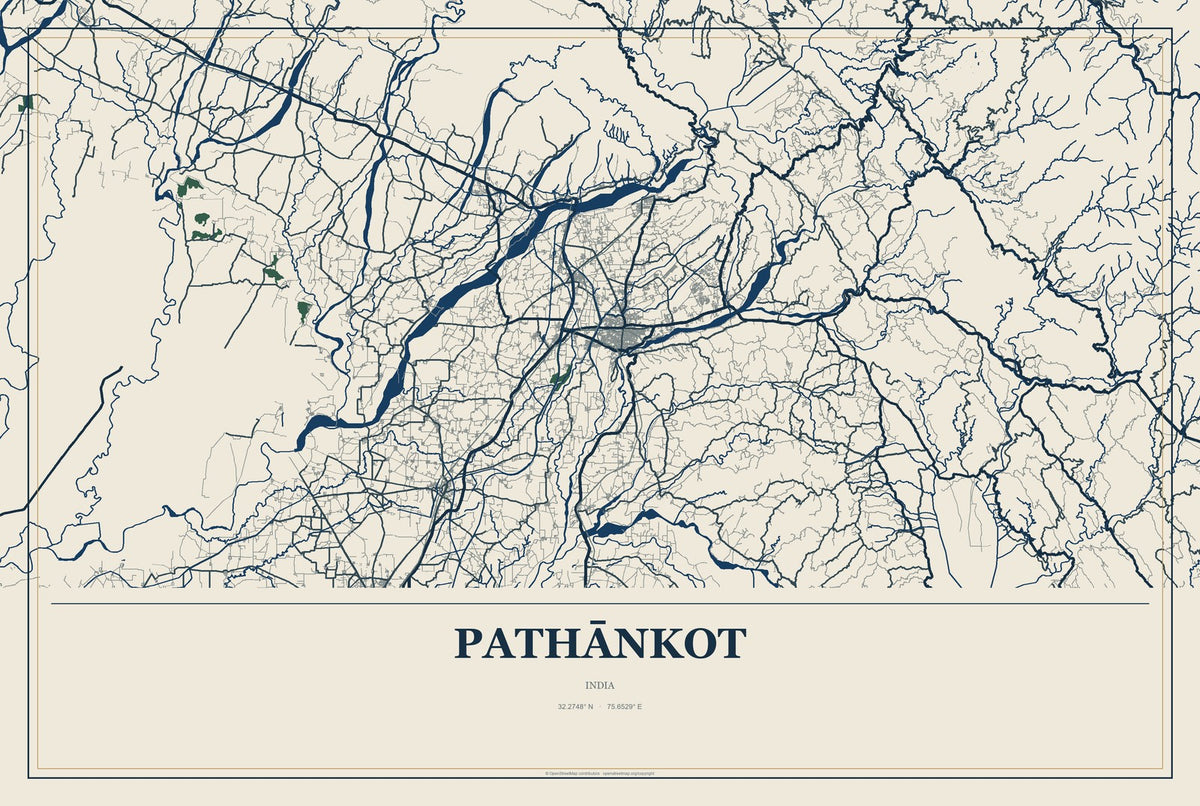 Pathānkot, India City Map Aluminum Sign in Coastal Cutout style