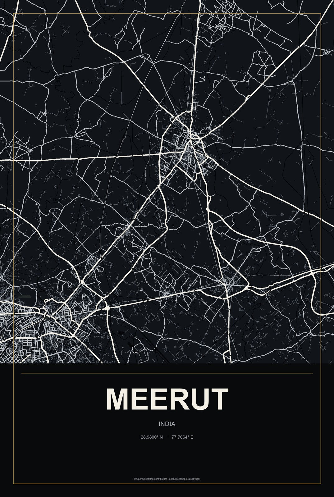 Meerut, India City Map Aluminum Sign in Metropolitan Noir style