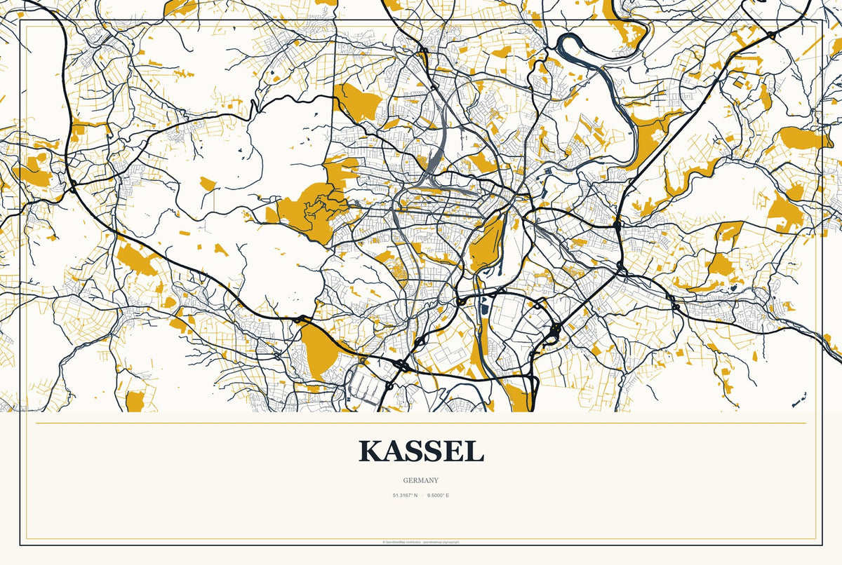 Kassel, Germany City Map Aluminum Sign in Citrine Modern style