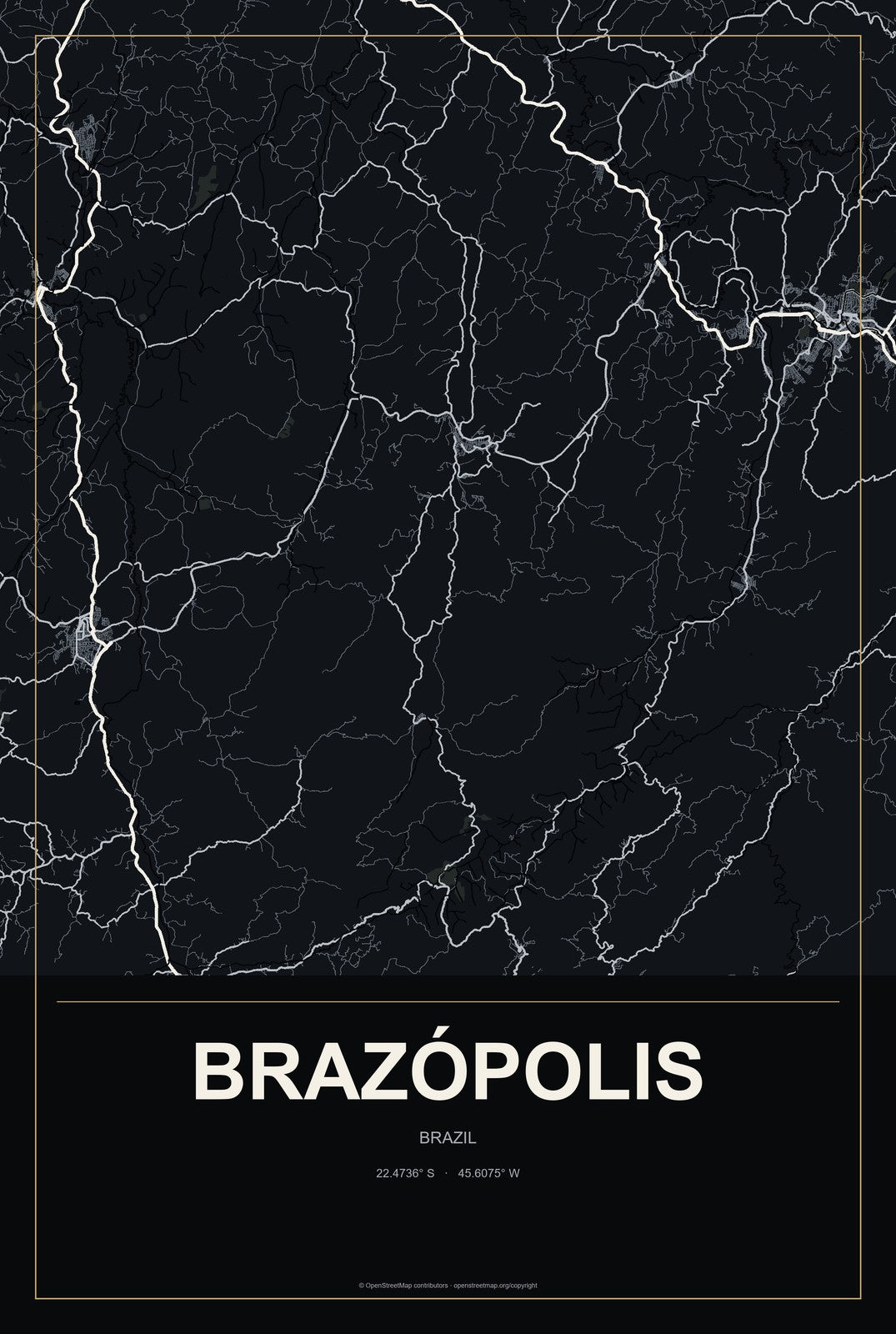 Brazópolis, Brazil City Map Aluminum Sign in Metropolitan Noir style