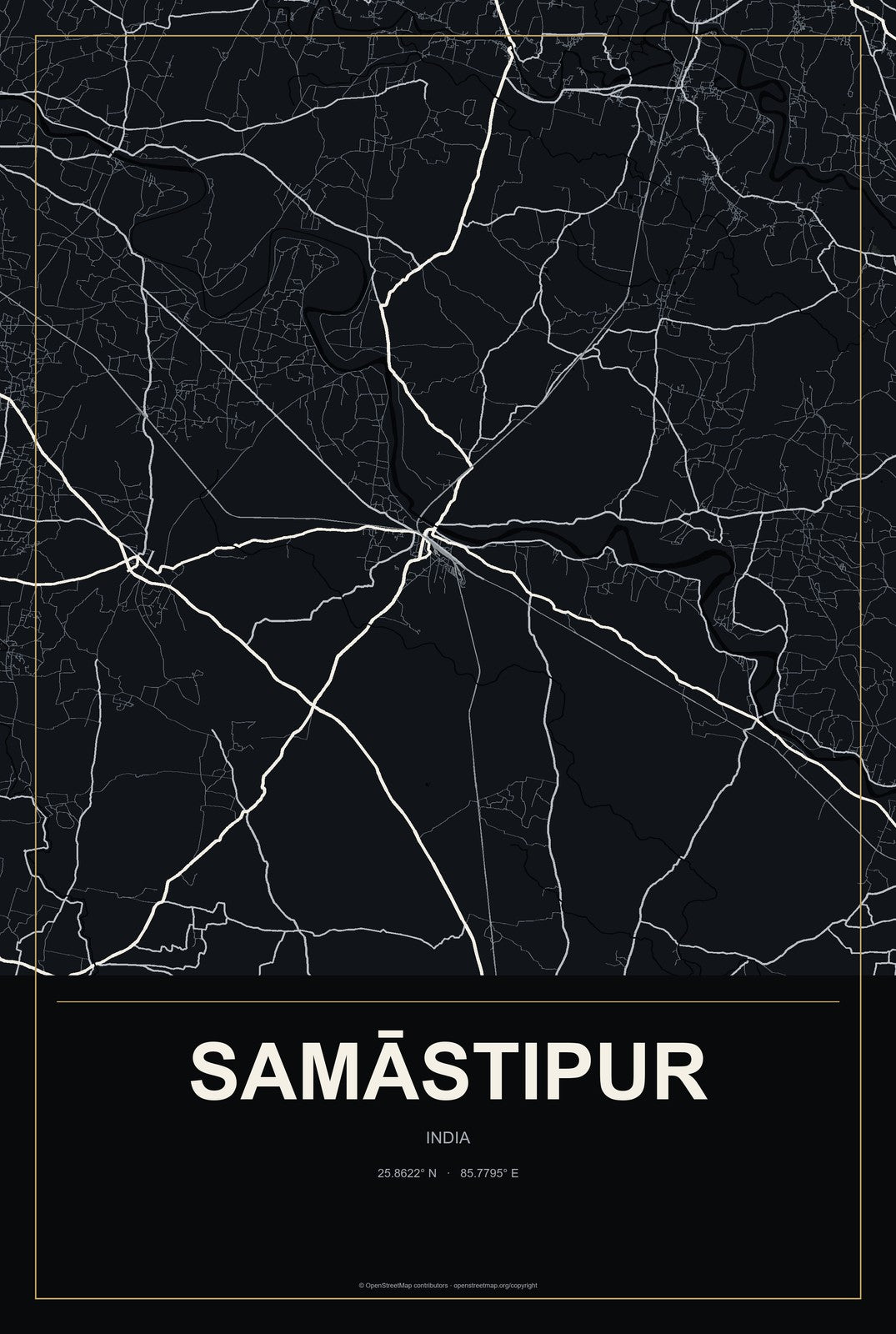 Samāstipur, India City Map Aluminum Sign in Metropolitan Noir style