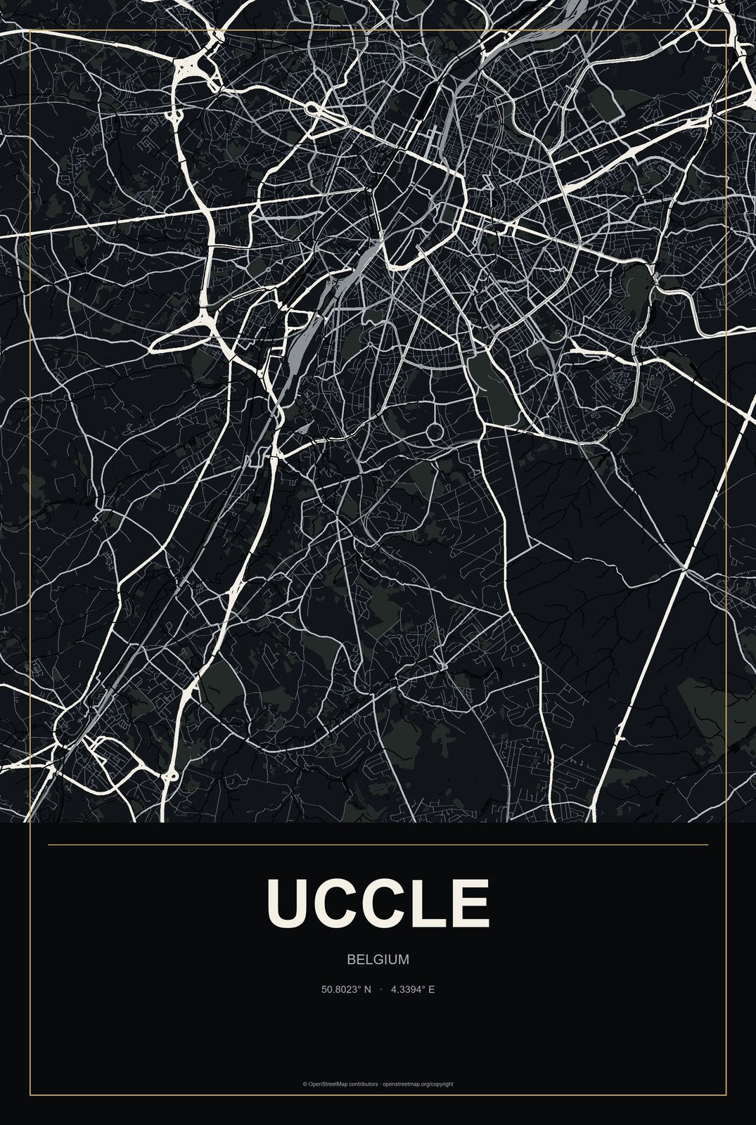 Uccle, Belgium City Map Aluminum Sign in Metropolitan Noir style