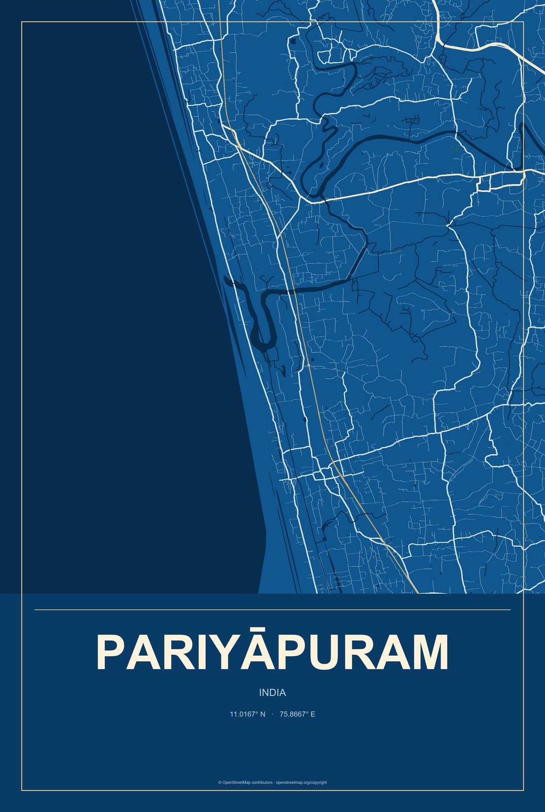 Pariyāpuram, India City Map Aluminum Sign in Harbor Cobalt style