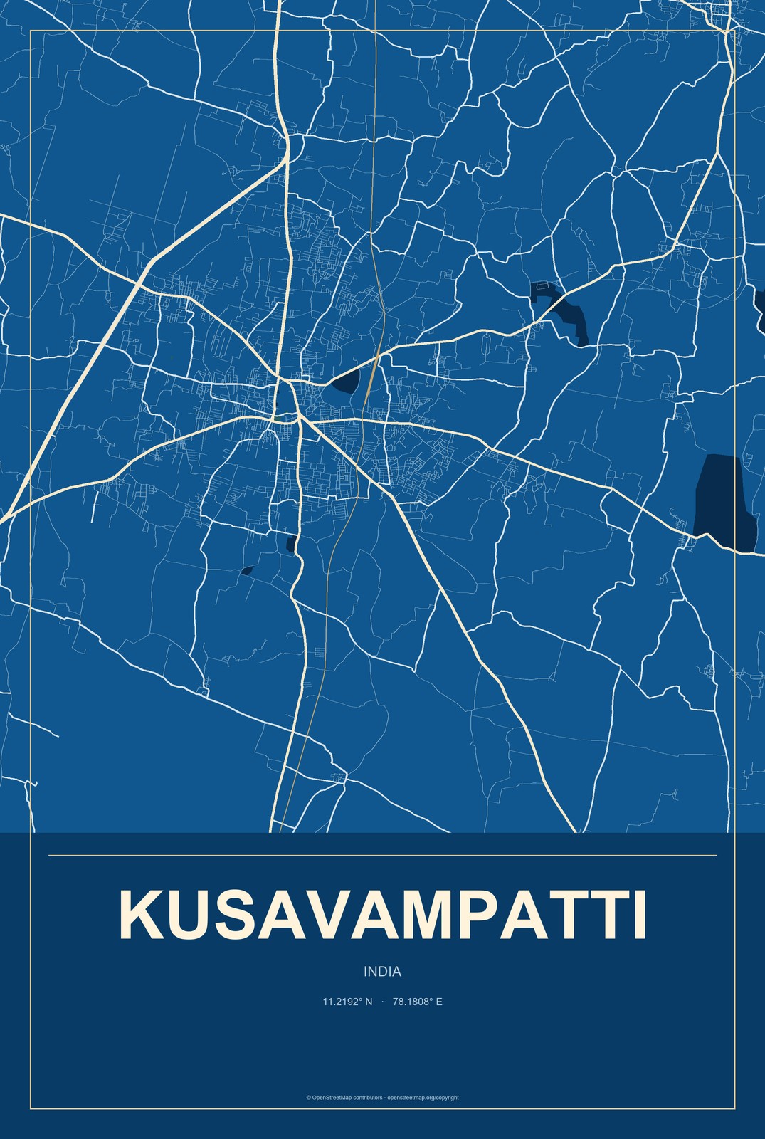 Kusavampatti, India City Map Aluminum Sign in Harbor Cobalt style