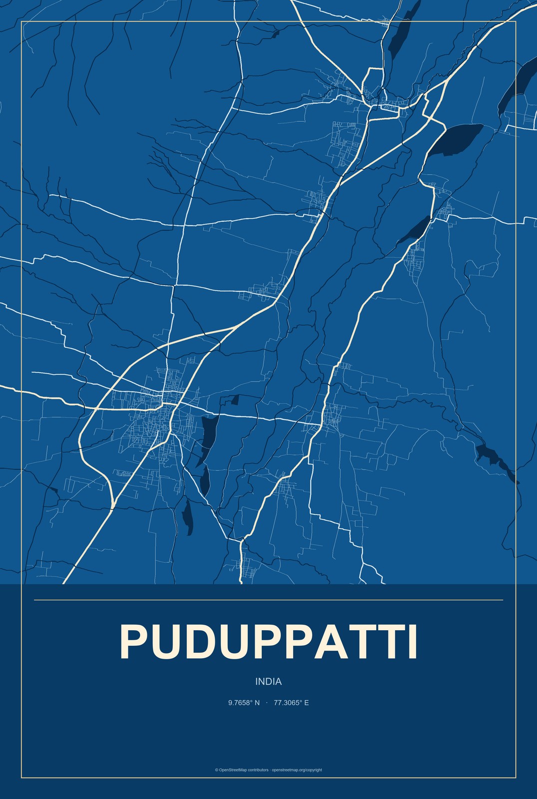 Puduppatti, India City Map Aluminum Sign in Harbor Cobalt style