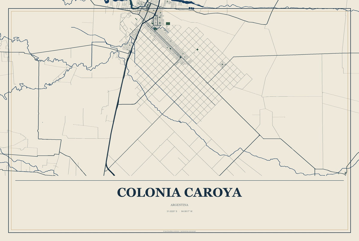 Colonia Caroya, Argentina City Map Aluminum Sign in Coastal Cutout style