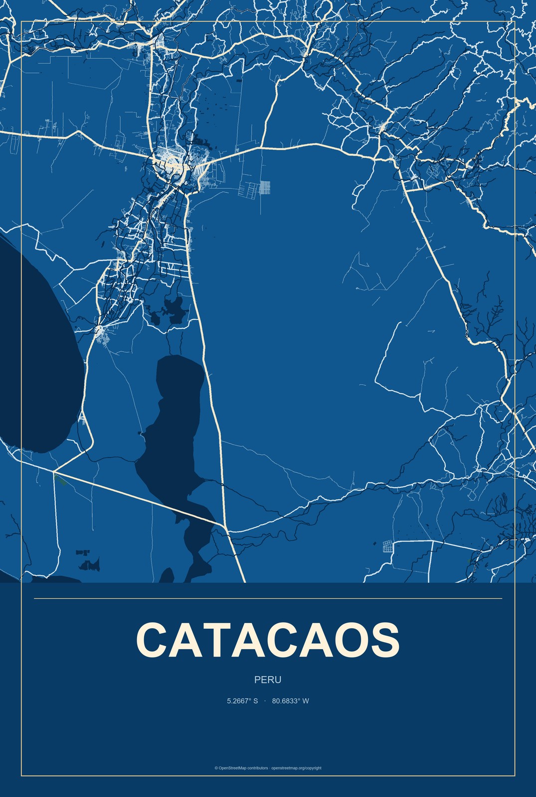 Catacaos, Peru City Map Aluminum Sign in Harbor Cobalt style