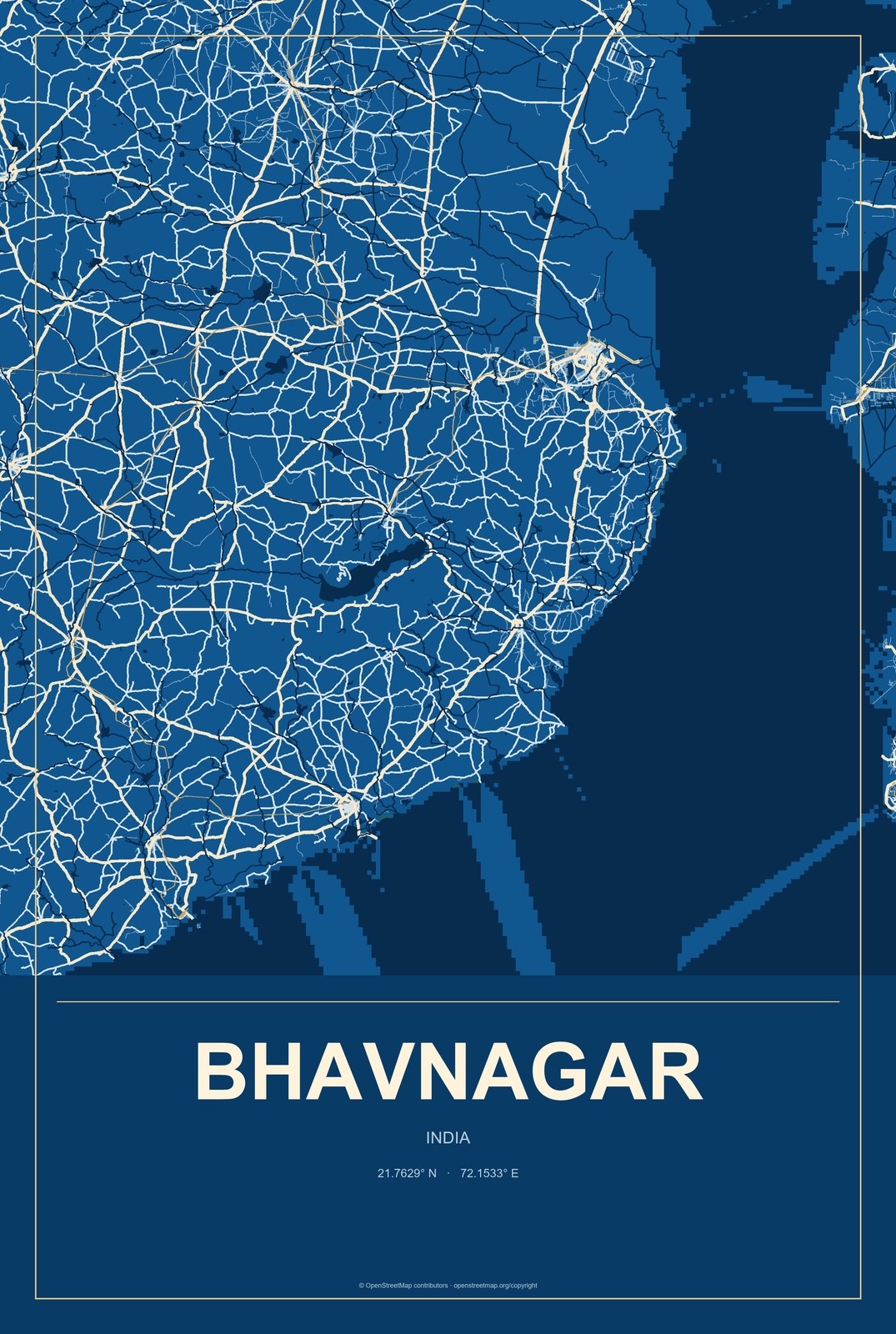 Bhavnagar, India City Map Aluminum Sign in Harbor Cobalt style
