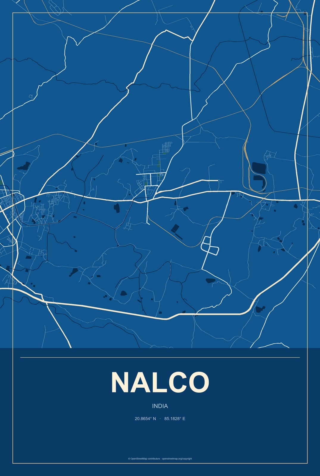 Nalco, India City Map Aluminum Sign in Harbor Cobalt style