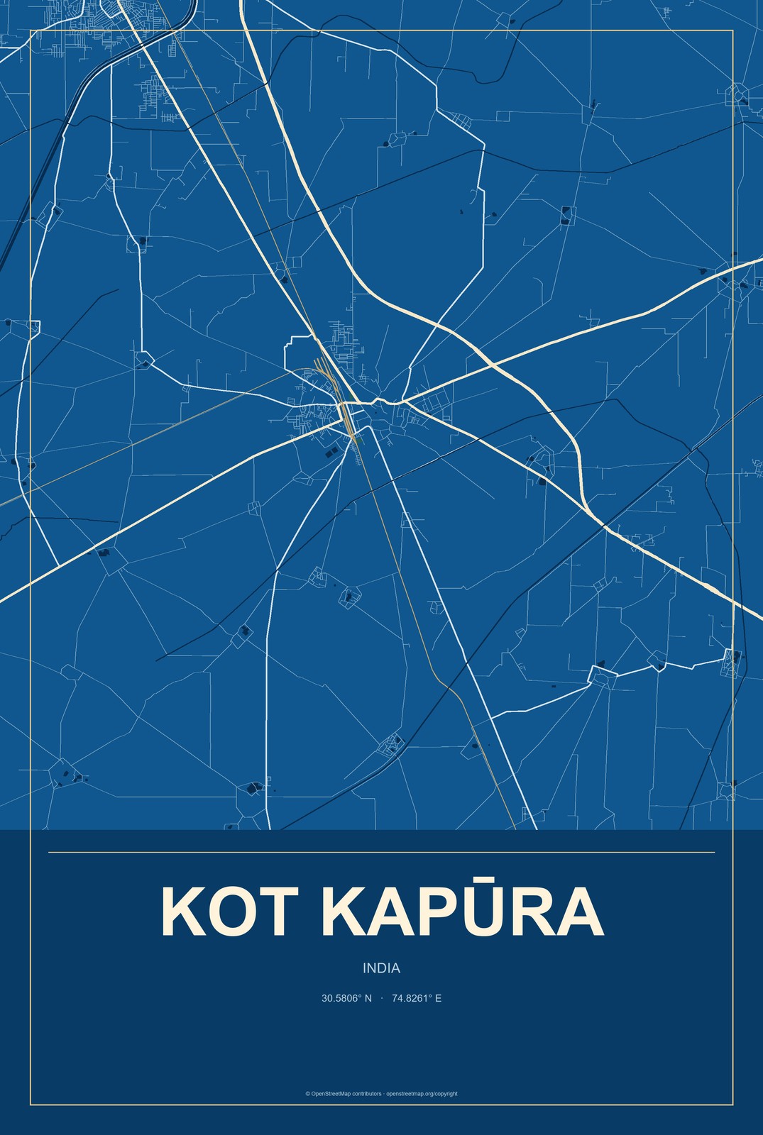 Kot Kapūra, India City Map Aluminum Sign in Harbor Cobalt style