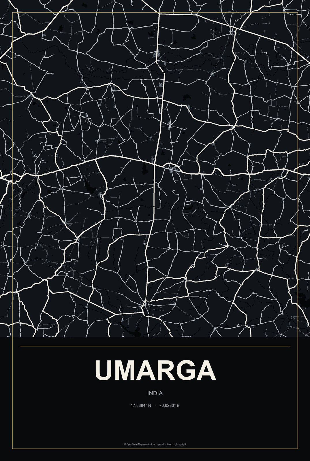 Umarga, India City Map Aluminum Sign in Metropolitan Noir style