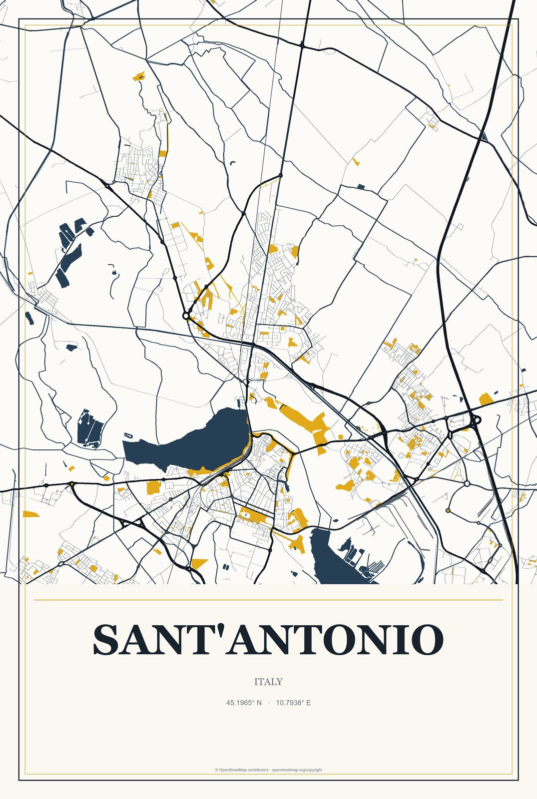 Sant'Antonio, Italy City Map Aluminum Sign in Citrine Modern style