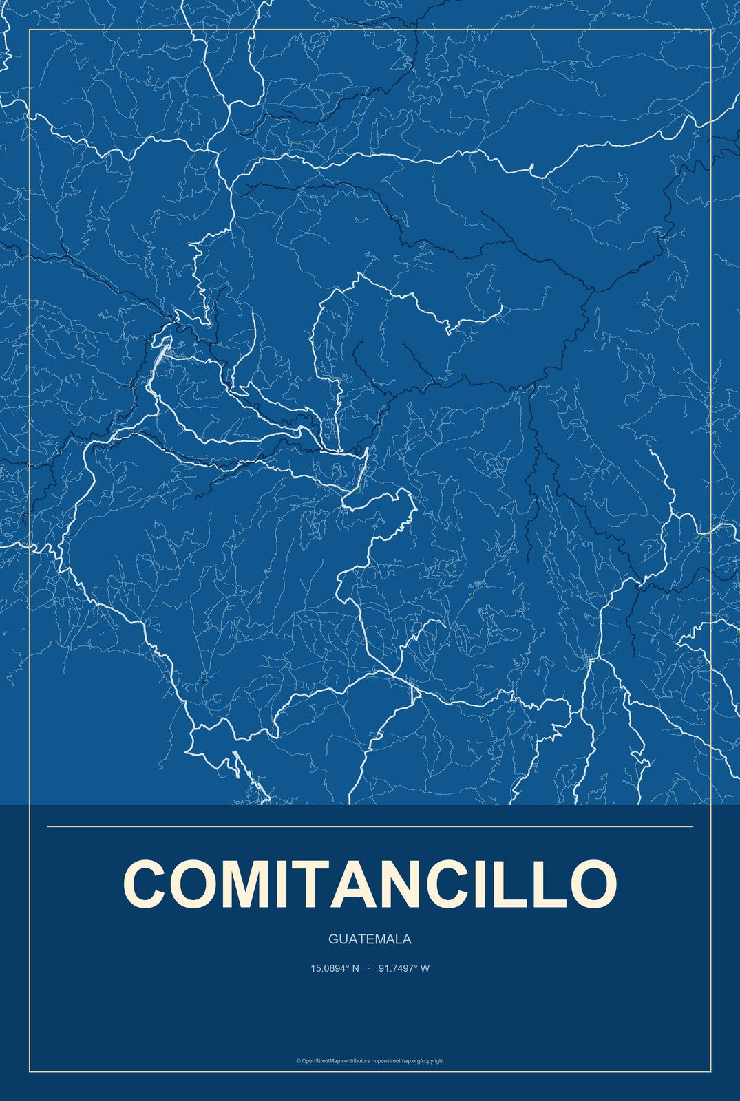 Comitancillo, Guatemala City Map Aluminum Sign in Harbor Cobalt style