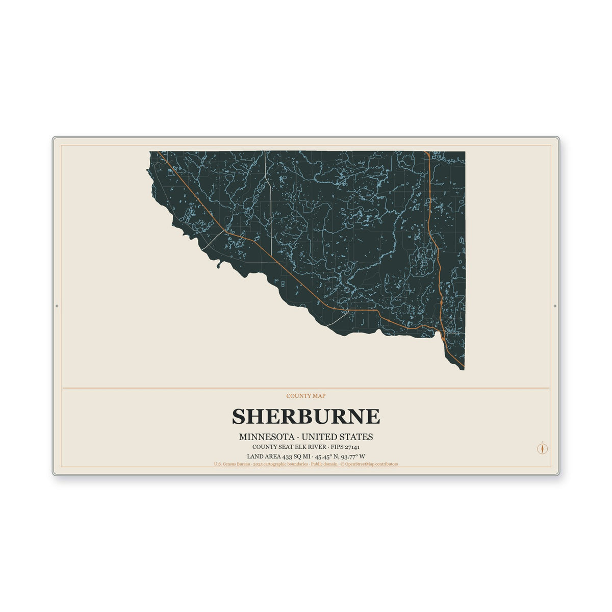 Sherburne County, Minnesota Map Aluminum Sign in Headline Atlas style