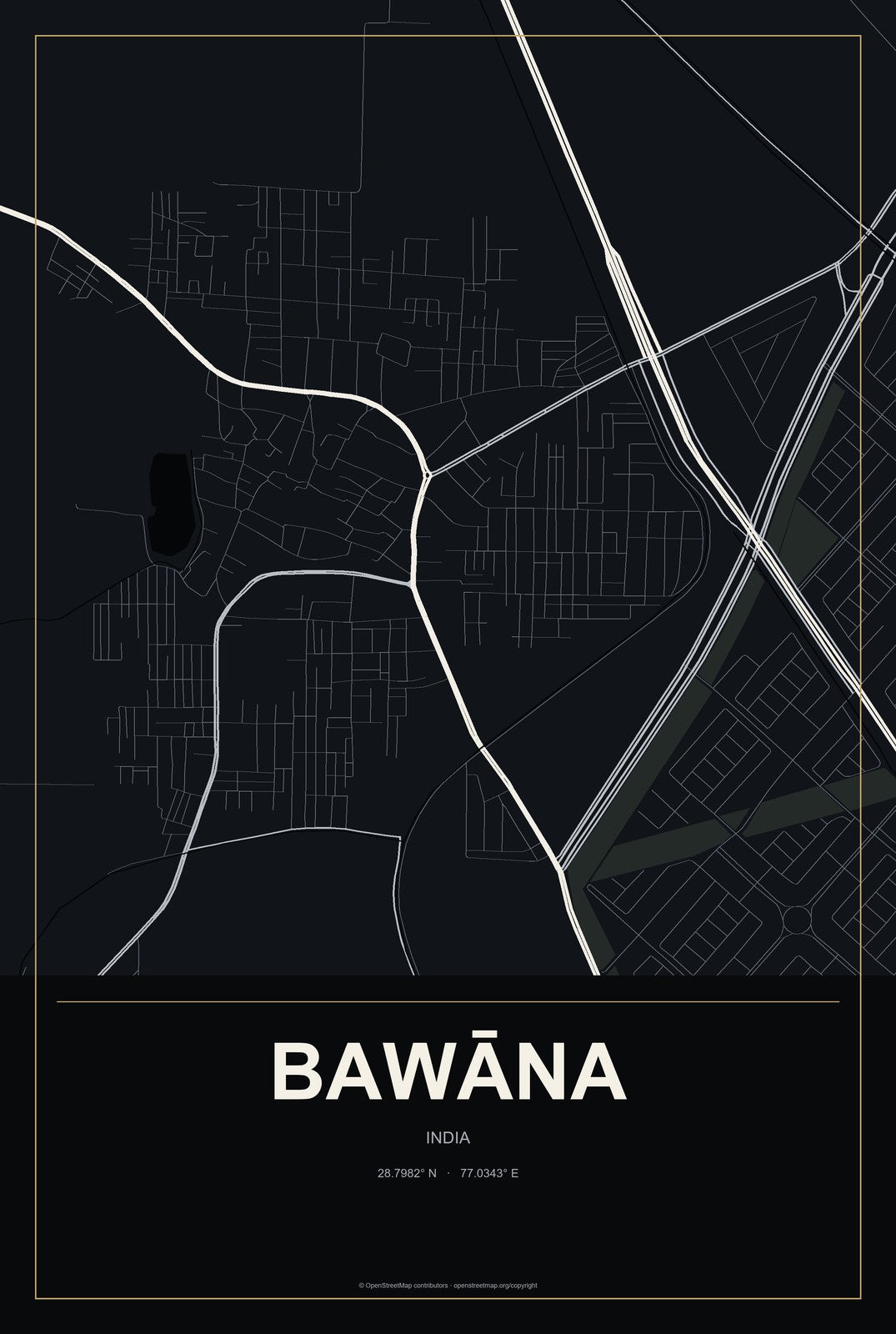 Bawāna, India City Map Aluminum Sign in Metropolitan Noir style