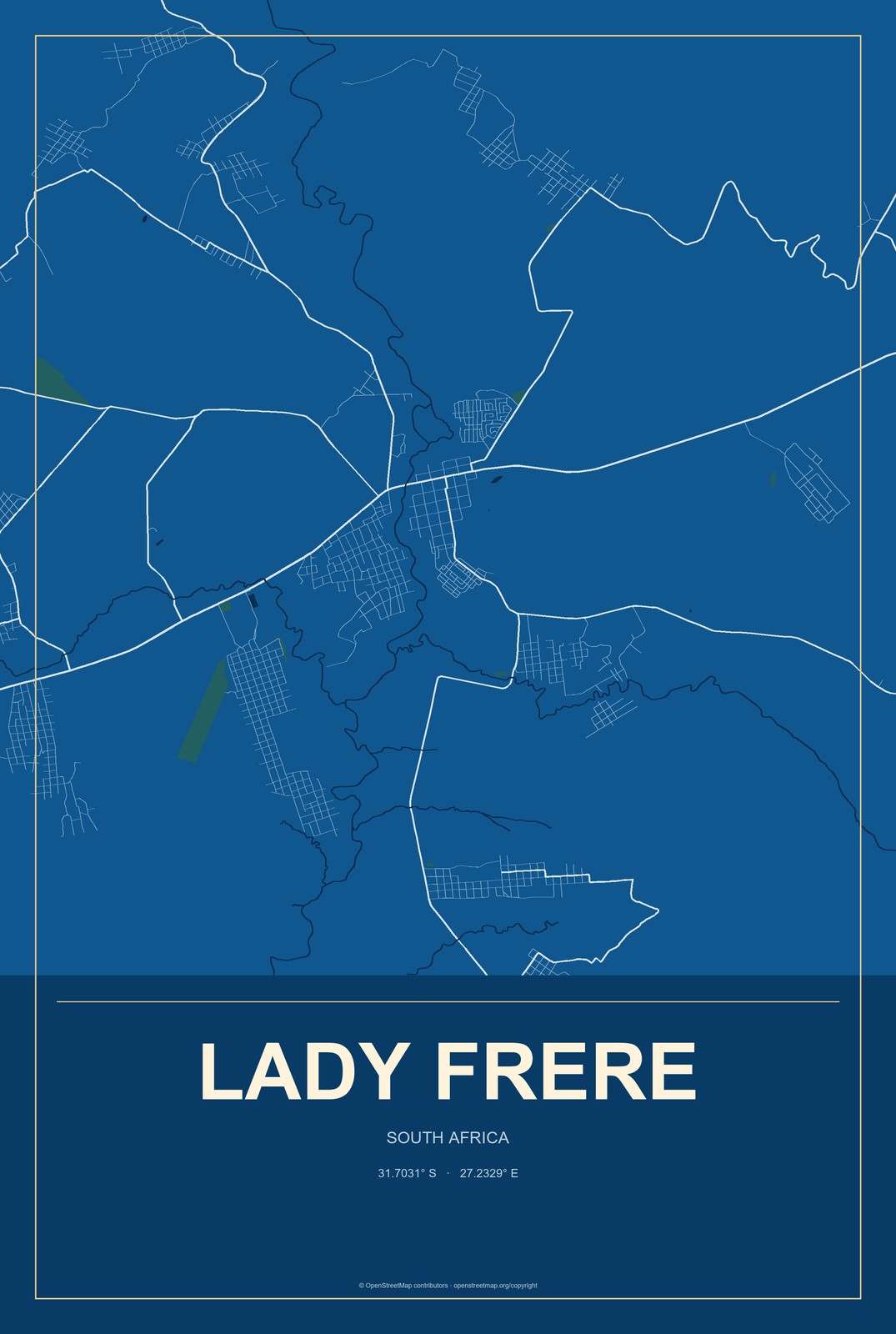 Lady Frere, South Africa City Map Aluminum Sign in Harbor Cobalt style