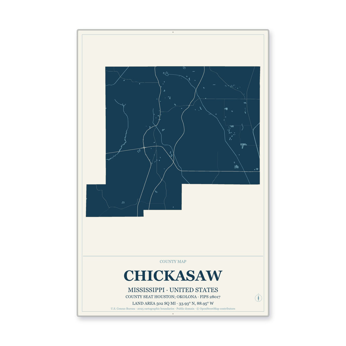 Chickasaw County, Mississippi Map Aluminum Sign in Coastal Cutout style