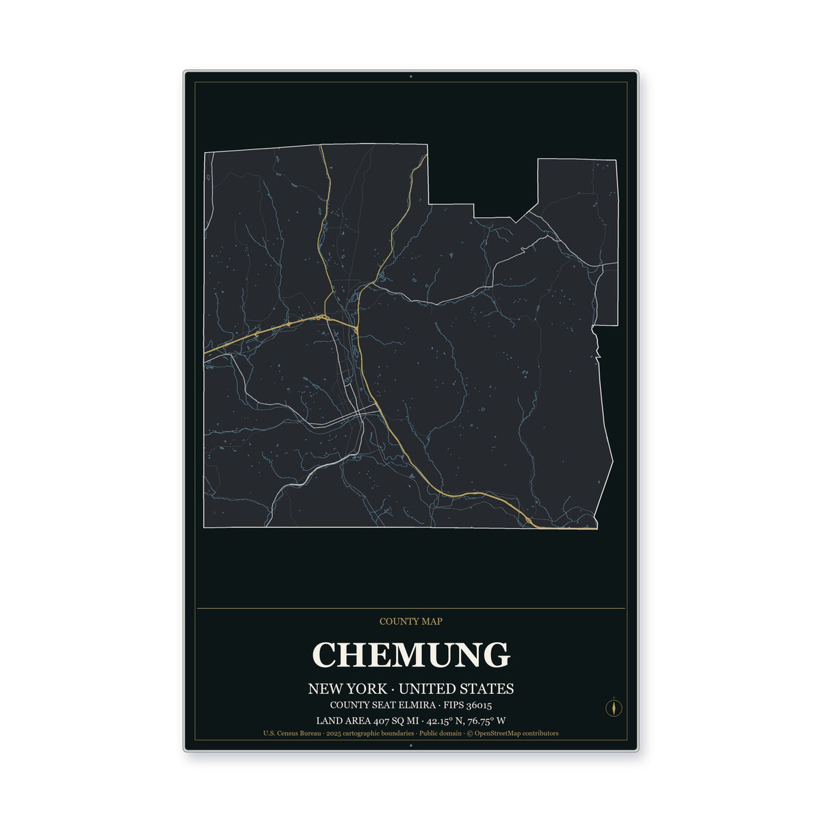 Chemung County, New York Map Aluminum Sign in Metropolitan Noir style