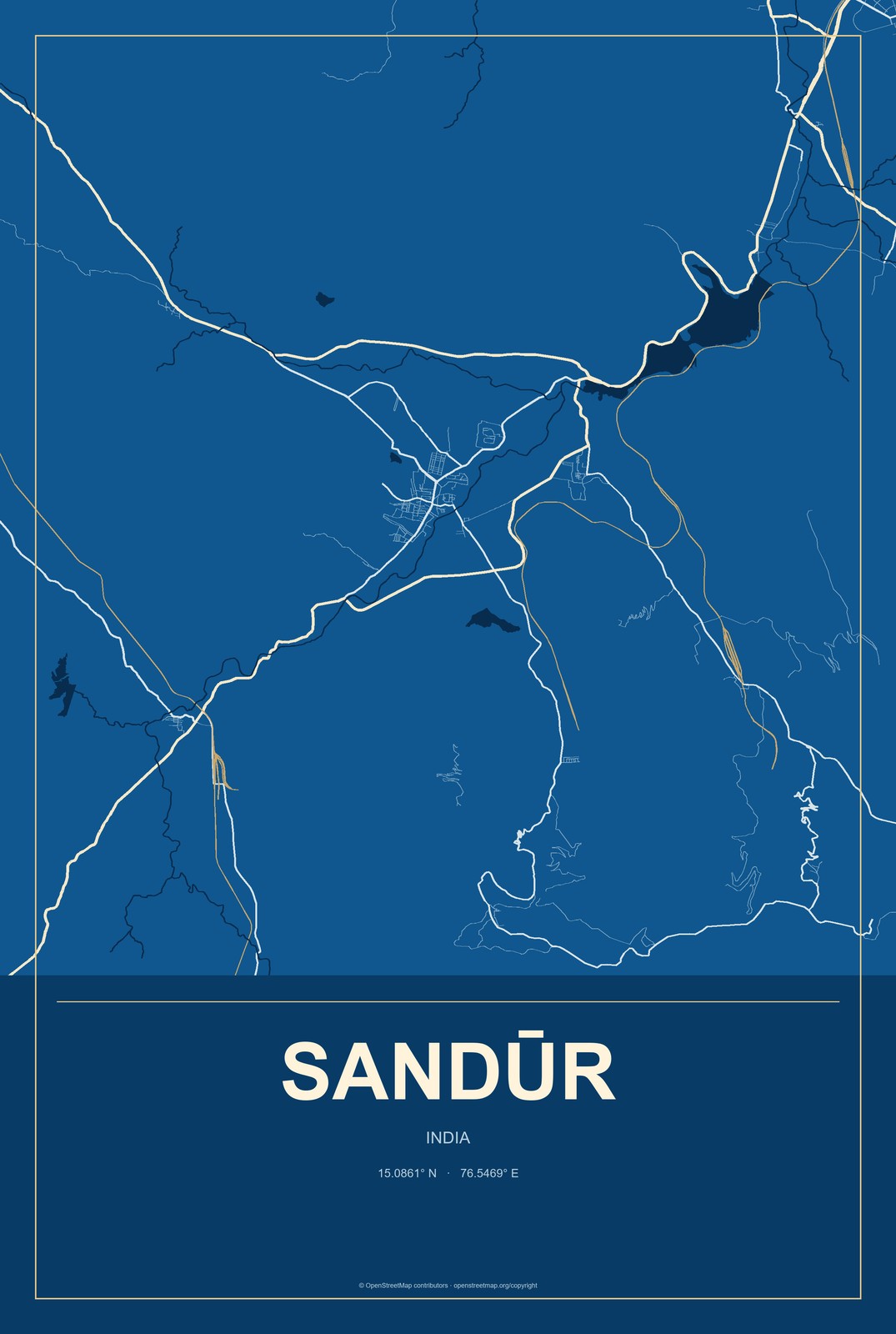 Sandūr, India City Map Aluminum Sign in Harbor Cobalt style