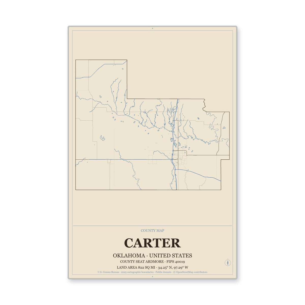 Carter County, Oklahoma Map Aluminum Sign in Heritage Nautical style
