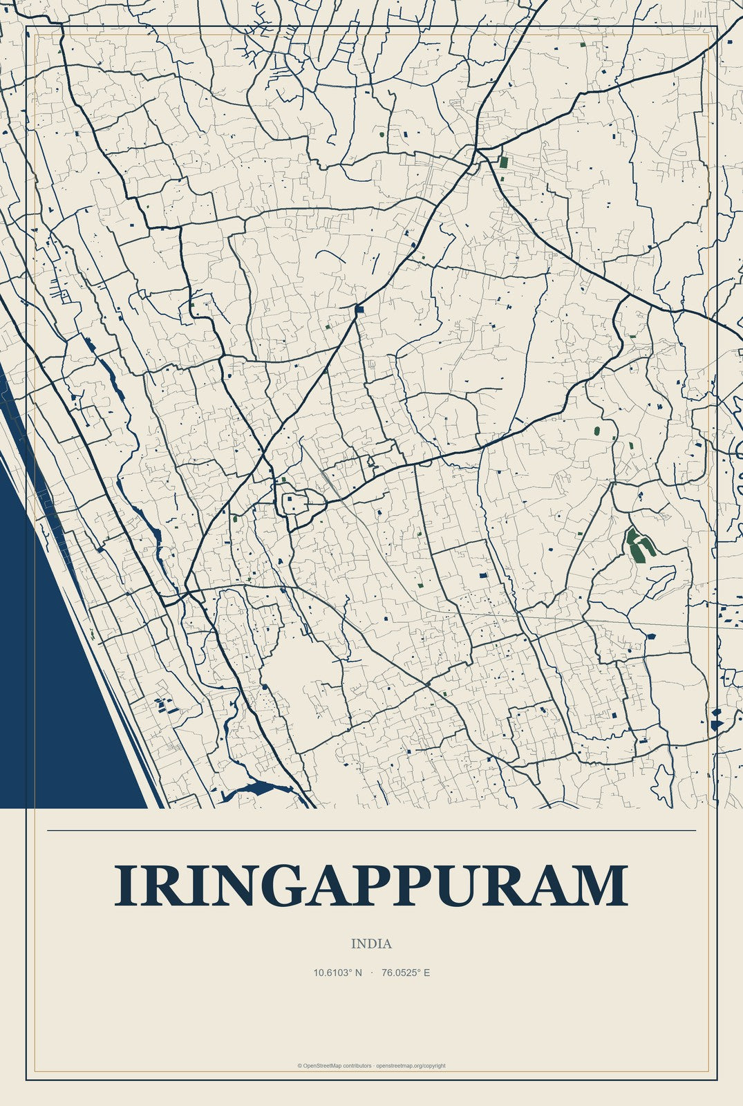 Iringappuram, India City Map Aluminum Sign in Coastal Cutout style