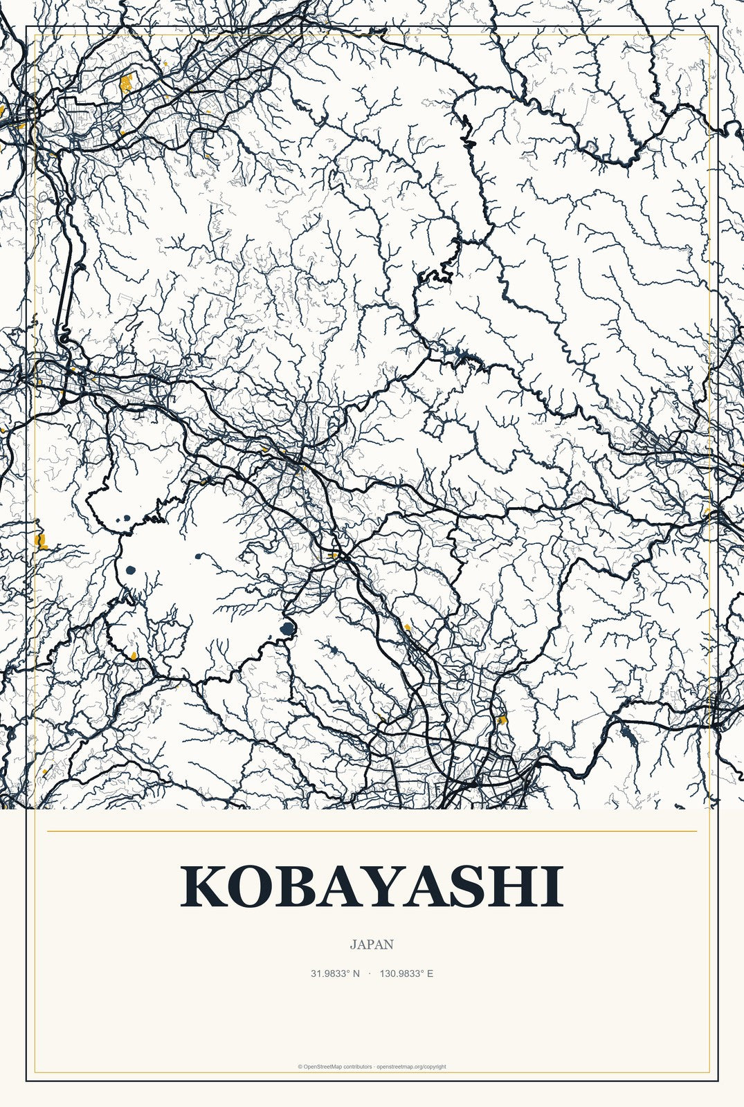 Kobayashi, Japan City Map Aluminum Sign in Citrine Modern style