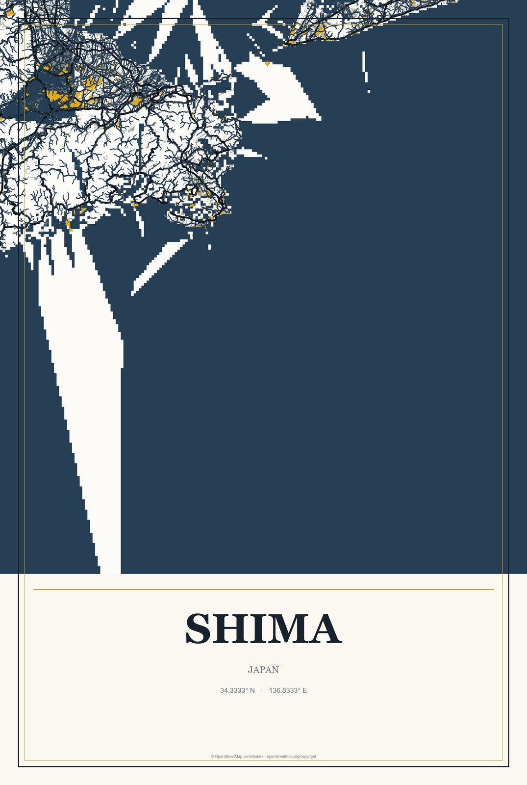 Shima, Japan City Map Aluminum Sign in Citrine Modern style