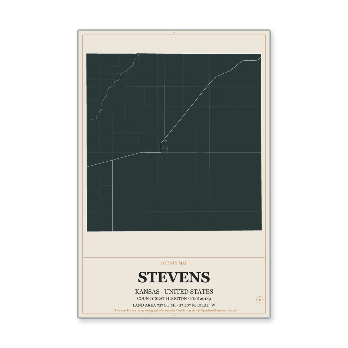 Stevens County, Kansas Map Aluminum Sign in Headline Atlas style