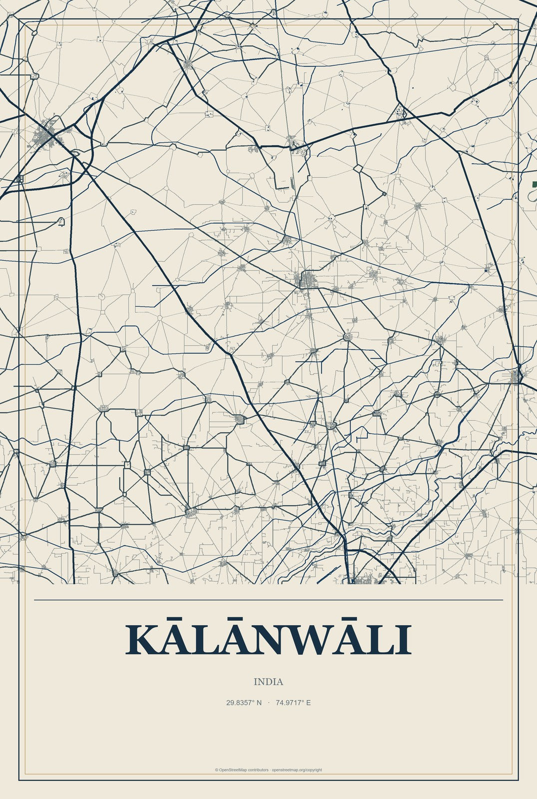 Kālānwāli, India City Map Aluminum Sign in Coastal Cutout style
